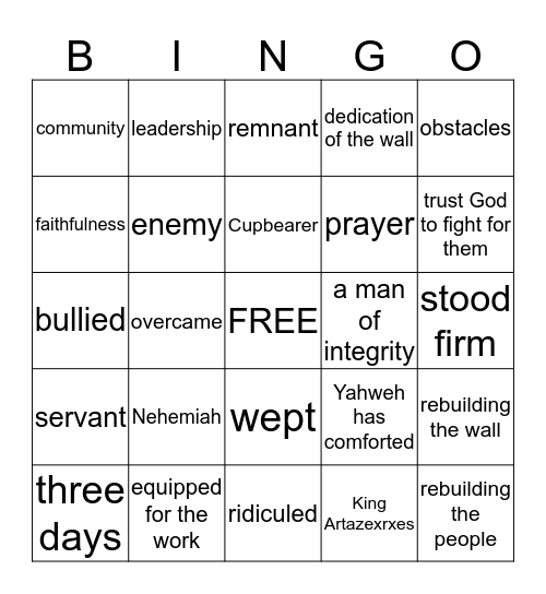 Nehemiah Bingo Card