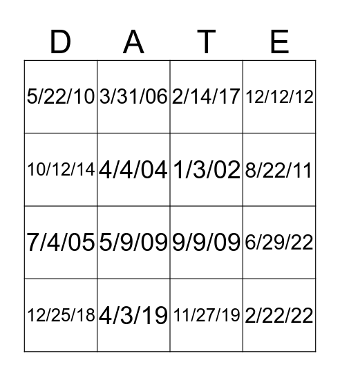 Date Bingo Sheet Bingo Card