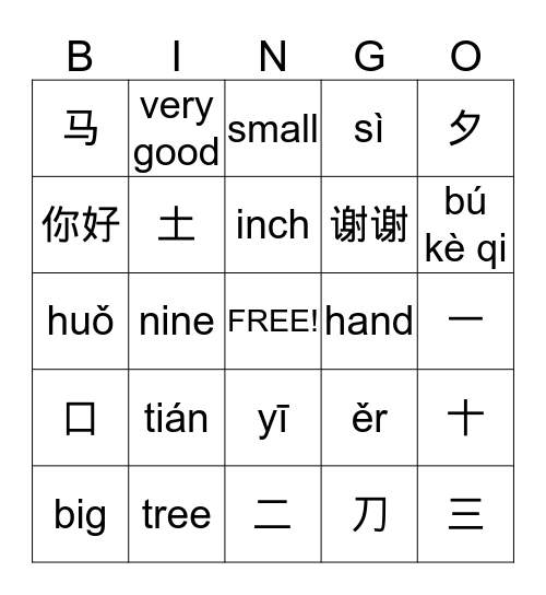Chinese Radical & Number & Basic expressions Bingo Card