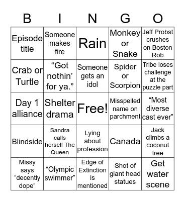 Survivor 39 Premiere Bingo Card