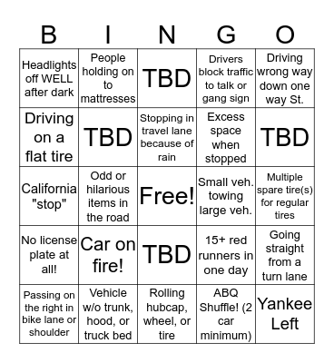 Albuquerque Driving  Bingo Card