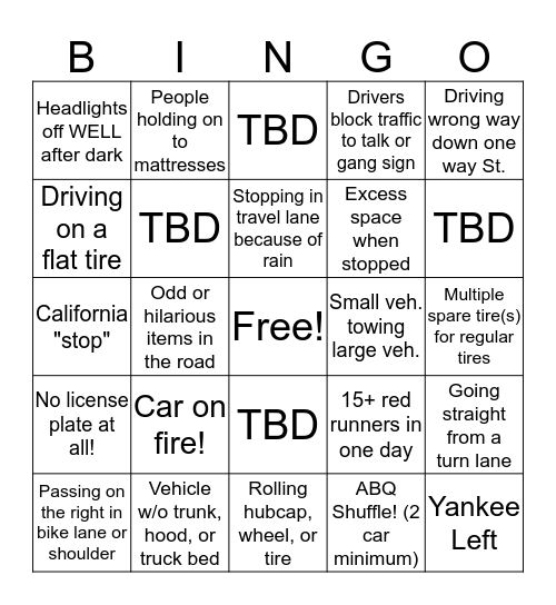 Albuquerque Driving  Bingo Card