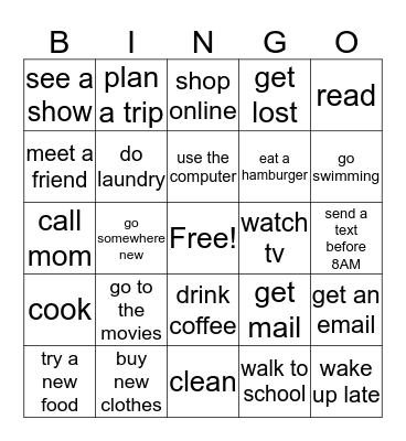 Past Tense Bingo Card