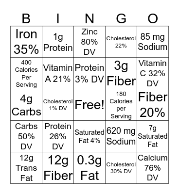 Food Label Bingo Card