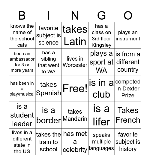 Worcester Academy Bingo Card