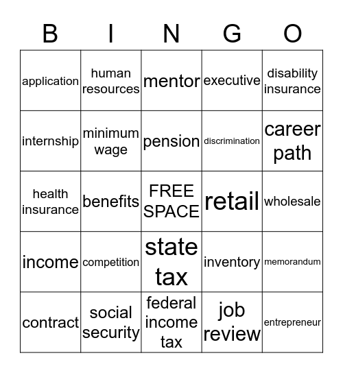 Career Vocabulary Bingo Card