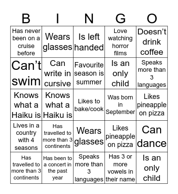 Getting to know you Bingo Card