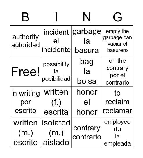 El Incidente y Palabras y Expresiones Bingo Card