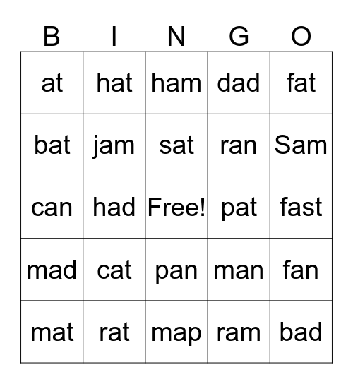 Short  A  Words Bingo Card