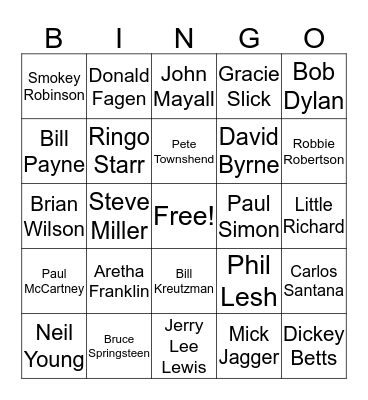 Rock Star Bingo Card