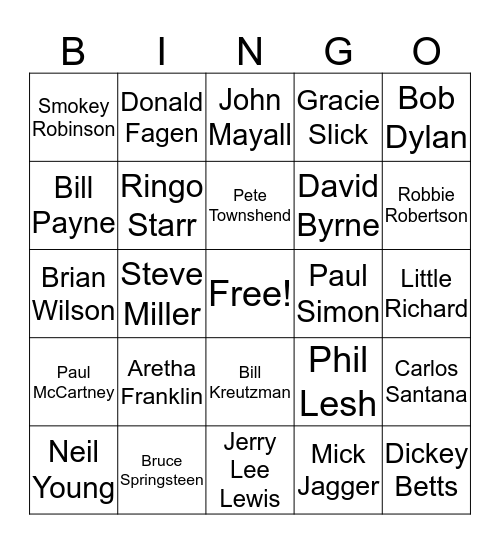 Rock Star Bingo Card