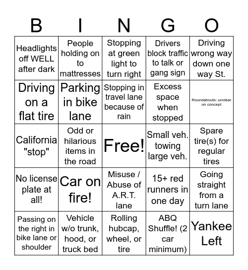 Albuquerque Driving  Bingo Card