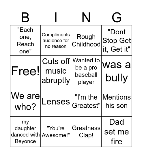 Kevin Bracy Bingo Card