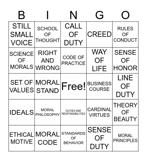 ETHICS SYNONYMS Bingo Card