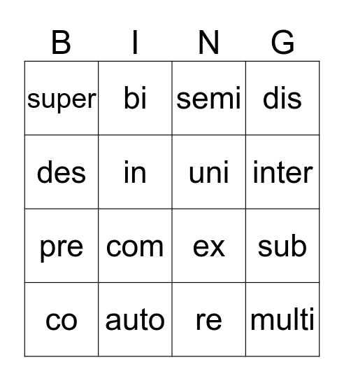 Prefijos Bingo Card