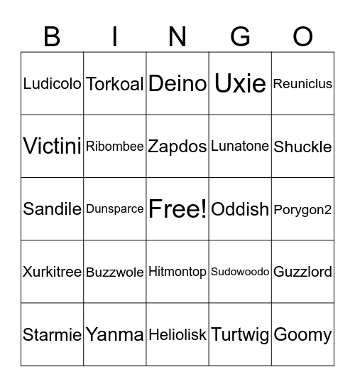 Favorite Pokemon Bingo Card