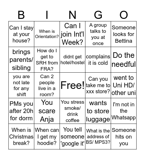 Intake Bingo Card
