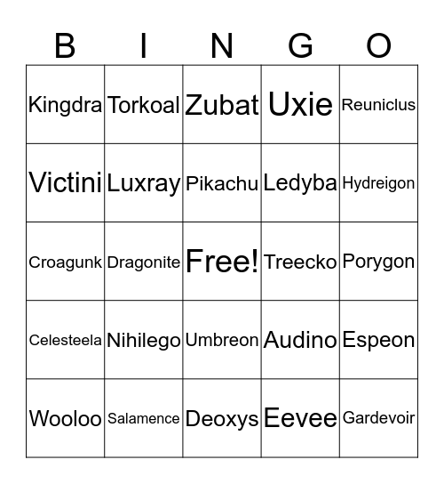 Favorite Pokemon Bingo Card