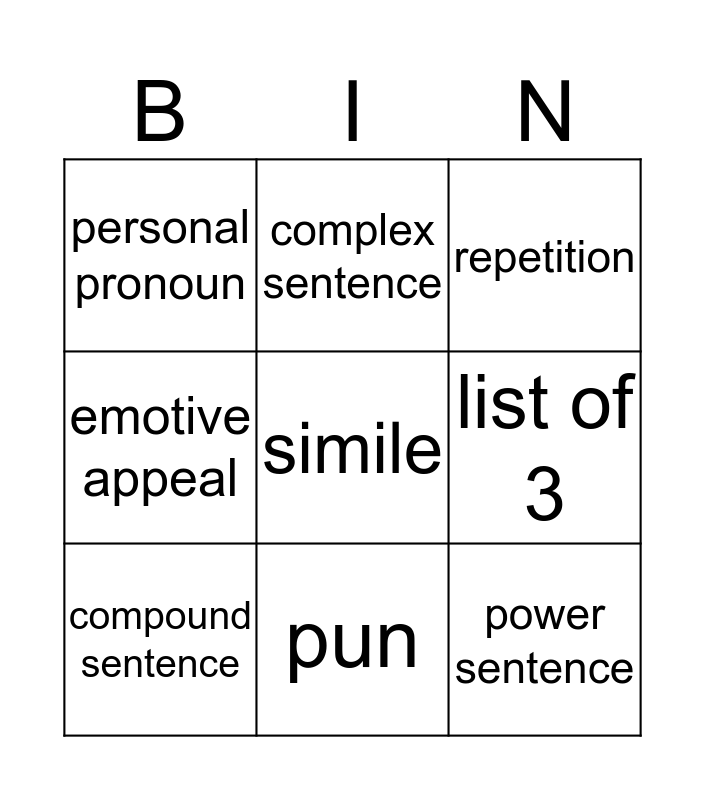 SPEECHES Bingo Card