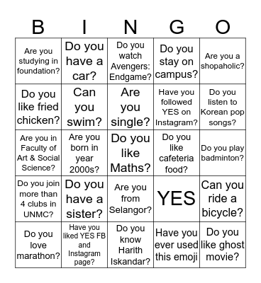 YES Induction Night 2019/2020 Bingo Card