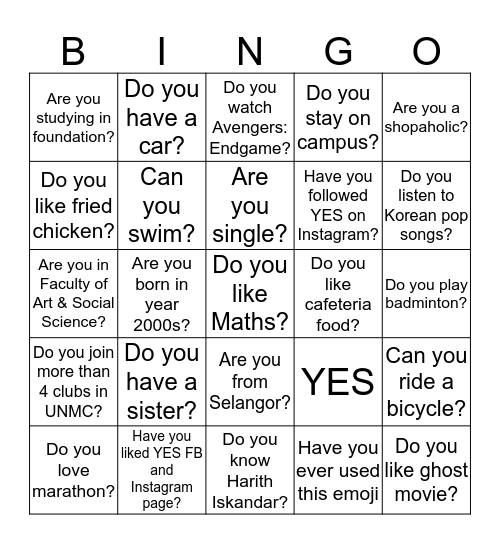 YES Induction Night 2019/2020 Bingo Card