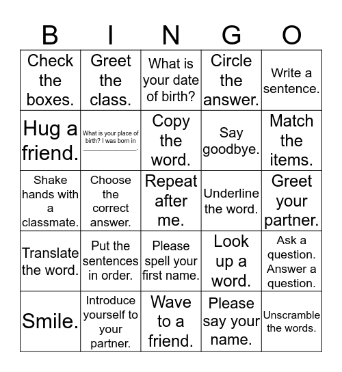 Classroom Talk Bingo Card