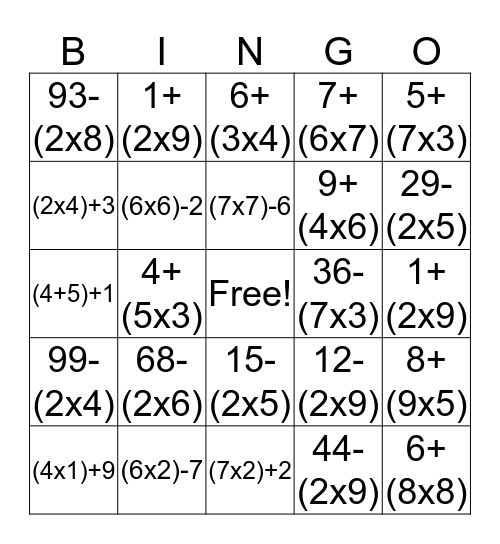 Order of Operations Bingo Card