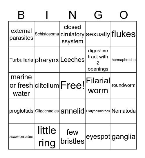 Zoology Worms Bingo Card