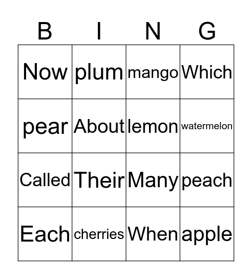 fruit 4X4 Bingo Card