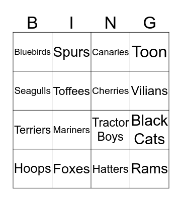 Football CLub Nicknames Bingo Card
