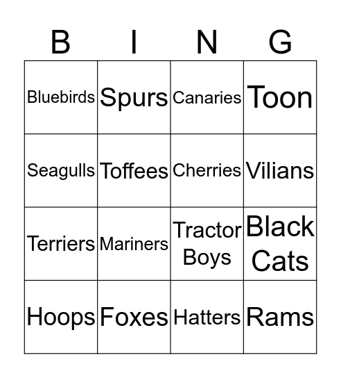 Football CLub Nicknames Bingo Card