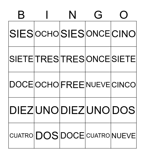 Español Numbers 1-12 Bingo Card
