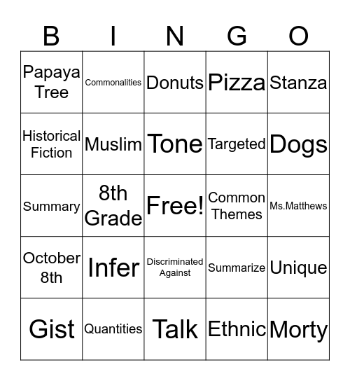 8th Grade ELA Bingo Card