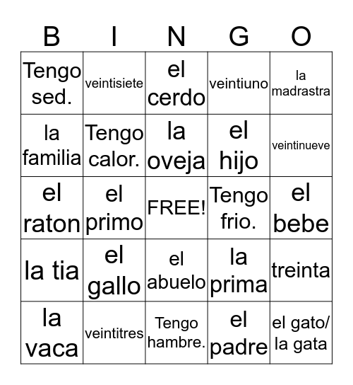 Spanish Review 7-9 Bingo Card