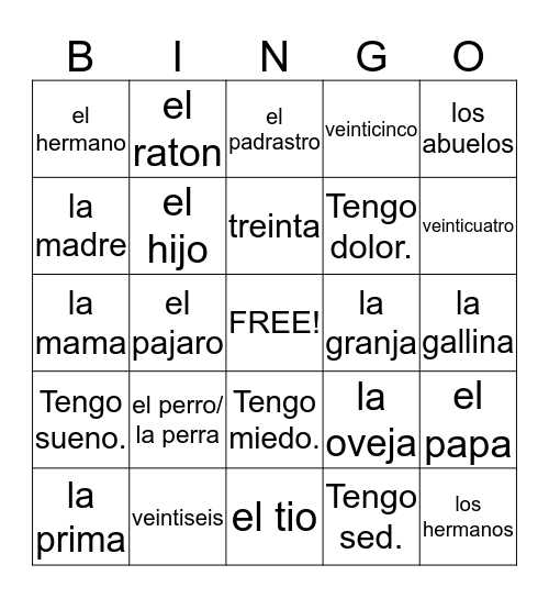 Spanish Review 7-9 Bingo Card