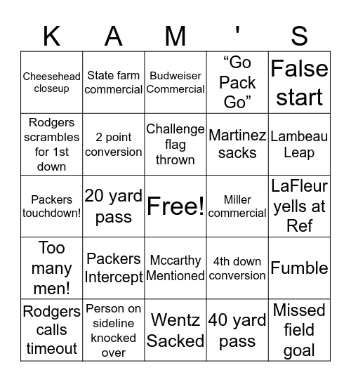 PACKERS BINGO Card