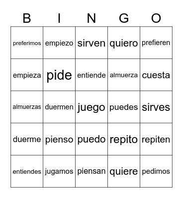 Stem-changing Verbs Bingo Card
