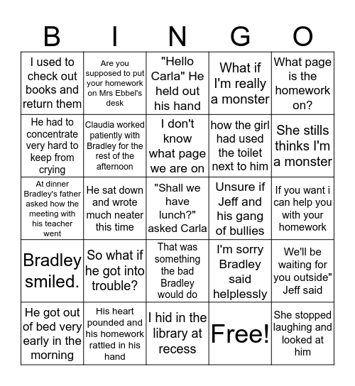There's a Boy in the Girls' Bathroom: Chapters 25-29 Bingo Card