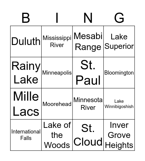 Minnesota Geography Bingo Card