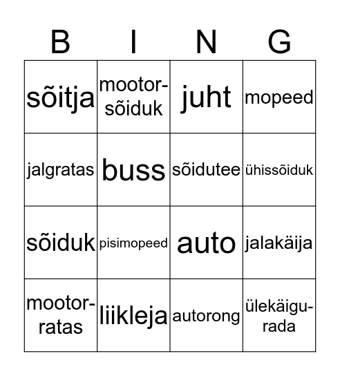 Liiklusbingo 4. klassile Bingo Card