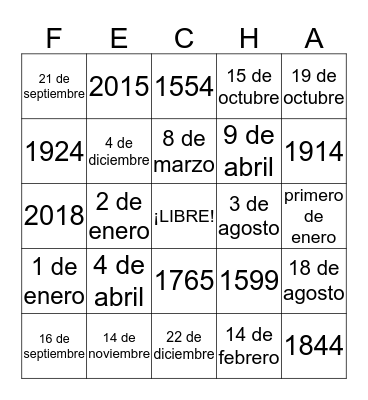 LAS FECHAS Bingo Card