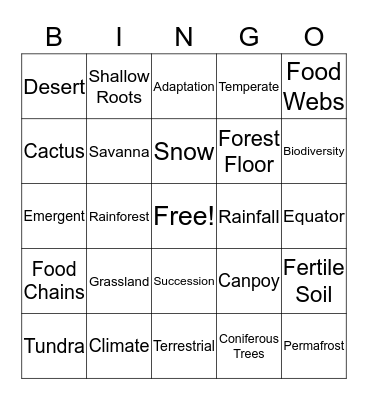 Terrestrial Biomes Bingo Card