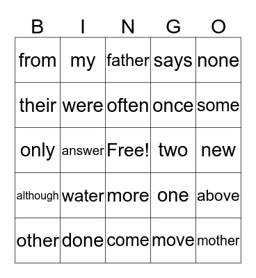Step 2 Trick Words Bingo Card