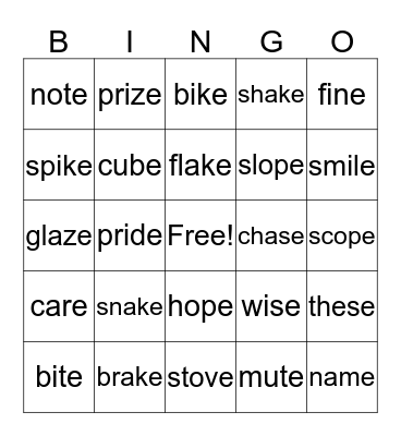Magic  e Bingo Card