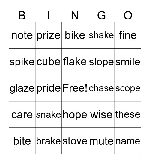 Magic  e Bingo Card