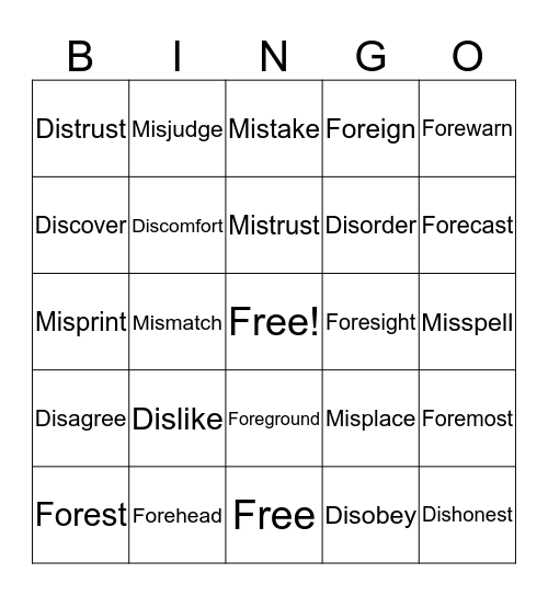 Vocabulary Bingo Card