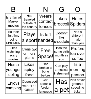 Find Somebody Who.... Bingo Card