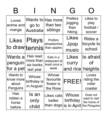 Getting To Know You.  Bingo Card