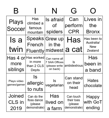 NAME:                            Bingo Card