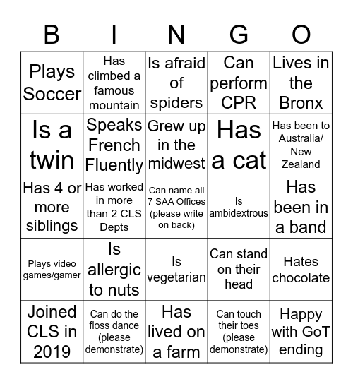 NAME:                            Bingo Card